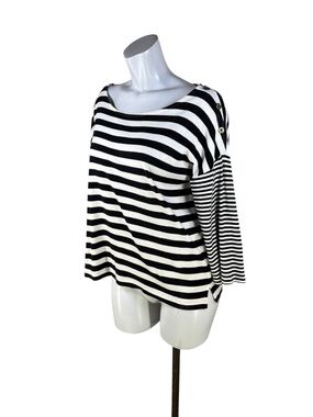 Jones New York Sport Black & White Striped Boatneck Button Shoulder Accent Large